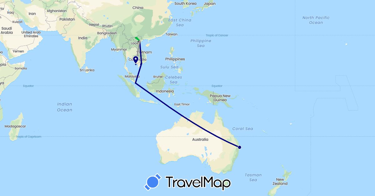 TravelMap itinerary: driving, bus, plane, motorbike in Australia, Singapore, Vietnam (Asia, Oceania)