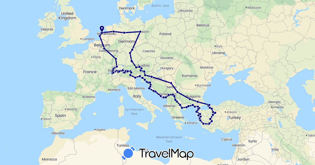 TravelMap itinerary: driving in Austria, Belgium, Bulgaria, Switzerland, Germany, Greece, Croatia, Italy, Montenegro, Macedonia, Netherlands, Serbia, Slovenia, Turkey (Asia, Europe)